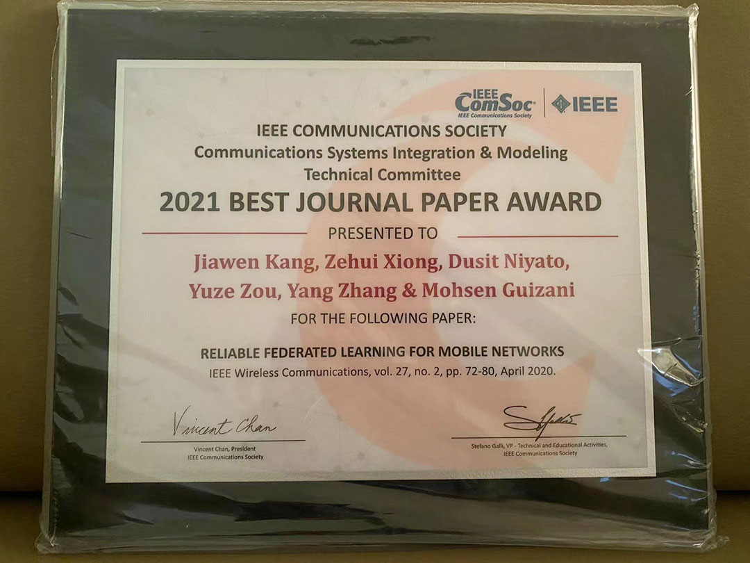 IEEE CSIM TC Best Journal Paper Award awarded to Assistant Prof Zehui Xiong