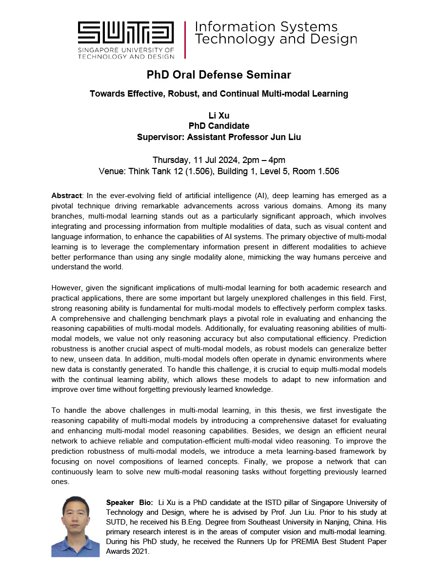 ISTD PhD Oral Defense presented by Li Xu Towards Effective Robust and Continual Multi-modal Learning