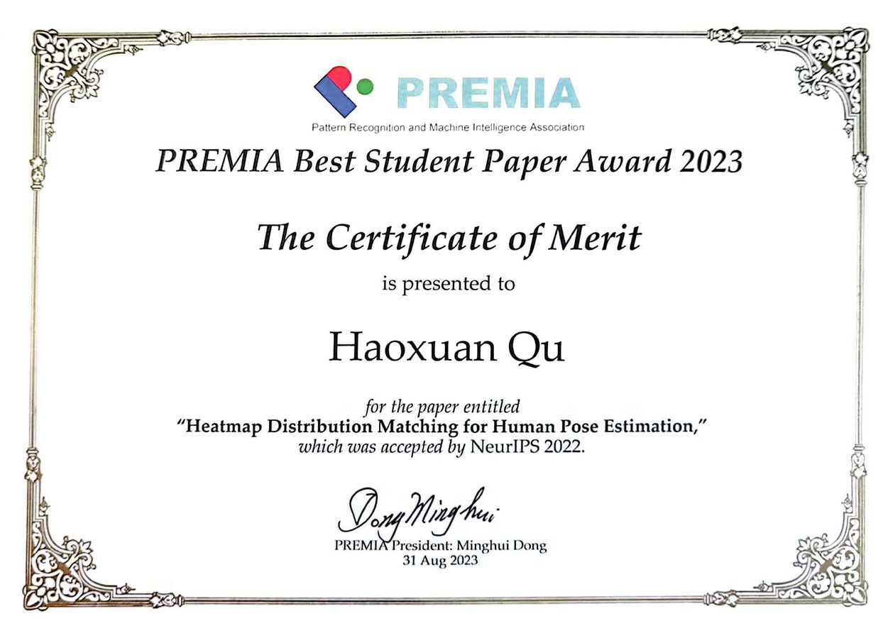 Congratulations to Assistant Professor Liu Jun and his PhD Student Qu Haoxuan for winning PREMIA Best Student Paper Award