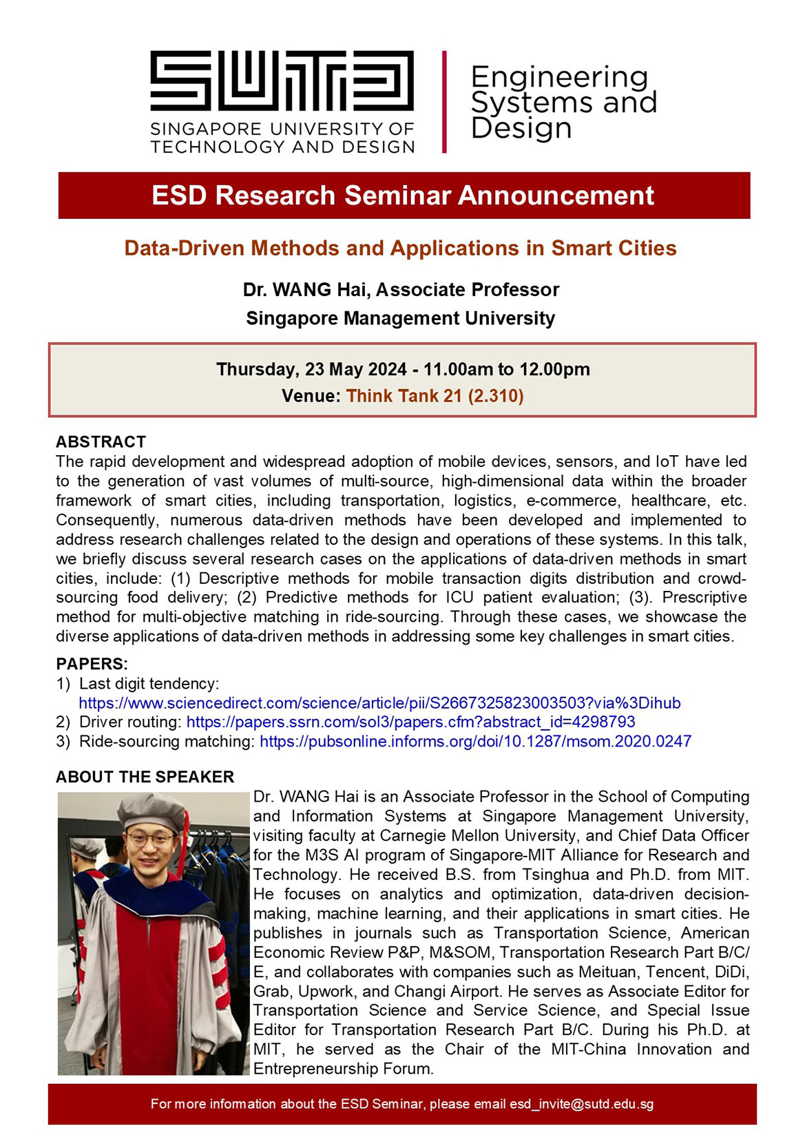 Wang Hai (Singapore Management University) - Data-Driven Methods and Applications in Smart Cities